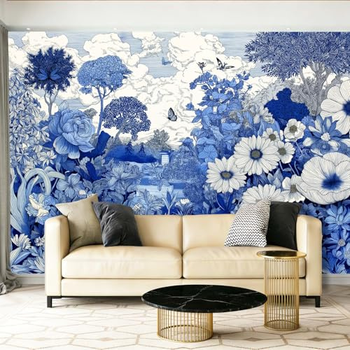 Papier Peint Panoramique Motifs floraux bohèmes bleus Fresque Murale Intissée – Décoration Murale Pour Salon, Chambre, 350 x 256 cm Papier Peint Intissé Bleu marine