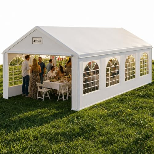 QEENTOE Partyzelt 4x8 m Wasserdicht UV-Schutz, Stabiler Garten Pavillon mit Seitenteilen und Fenstern, Winterfest PE-Plane Festzelt für Hochzeit Feier Außenbereich Weiß