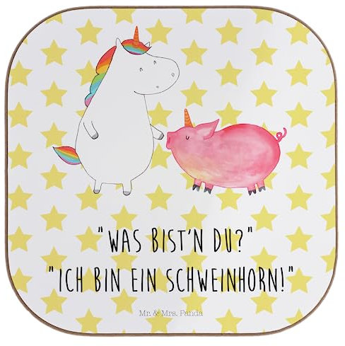 Mr. & Mrs. Panda Holzuntersetzer Einhorn Schwein - Geschenk, Coaster, Unicorn, Freundin, Schweinchen, Untersetzer Tasse, Freundschaft, Tischuntersetzer, gläseruntersetzer, für Gläser, Einhörner