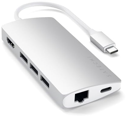 SATECHI USB C Hub 8 in 1 Multiport V2 mit 4K-HDMI, 60W PD-Aufladung, 3 USB-A, Ethernet, microSD/SD-Kartenleser, für MacBook, Windows und USB-C-Geräte – Silber