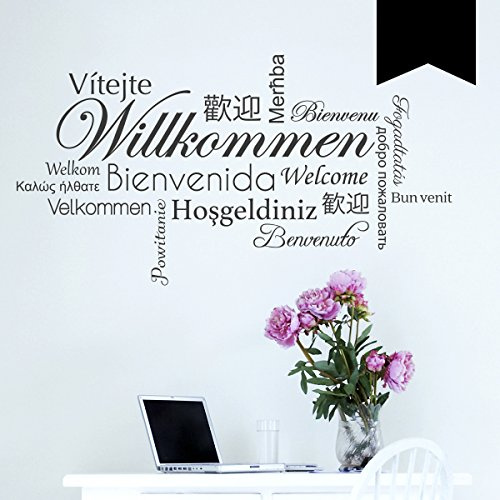 WANDKINGS Wandtattoo - Willkommen in verschiedenen Sprachen - 100 x 54 cm - Schwarz - Wähle aus 5 Größen & 35 Farben