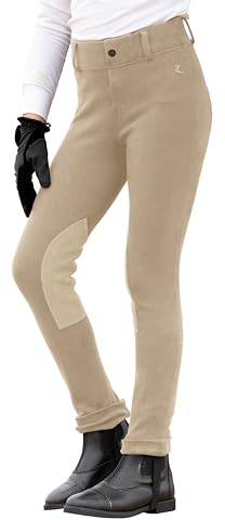 HORZE Nora Girls Riding Pants with Leather Knee Patch | Kids Equestrian Girls Jodhpurs Breeches | Size Chart in Images - Tan - XL