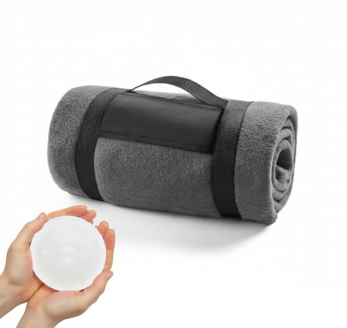 FUN FAN LINE | Super Soft Anti-Pill Fleece Throw Blanket for Sofa & Travel (51x63 in) + Reusable Hand Warmer | Thermal Blanket with Carry Handle | Thick Winter Quilt for Outdoor Use (Grey)