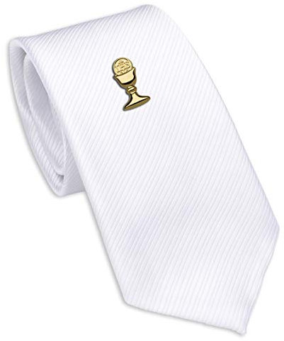 Boys First Communion Tie White Striped and Gold-Tone Chalice Tie Pin, 45-inch
