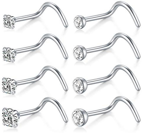 Crdifu 8pcs en acier inoxydable 18G nez vis goujon piercing argent avec 1.5/2/2.5/3mm top bijoux de corps