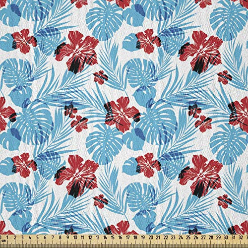 ABAKUHAUS Luau Tela por Metro, Isla Hojas De La Vegetación, Microfibra Decorativa para Artes y Manualidades, 2M (230x200cm), Cielo Azul Y Bermellón