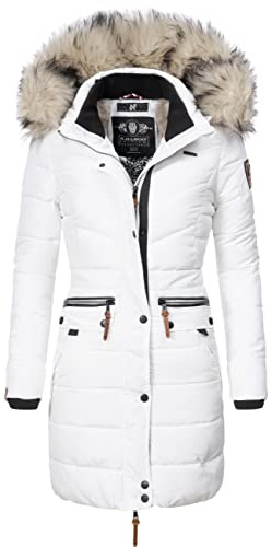 Navahoo Damen Wintermantel warmer Steppmantel lang mit abnehmbarer Kunstfell-Kapuze Paula Weiß Gr. S