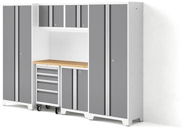 NewAge Products Bold Series 7 Piece Set, Garage Cabinets, White with Stainless Steel Worktop, 54871