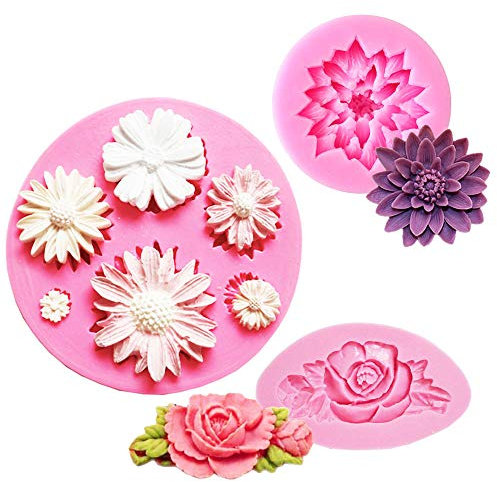 Daimay 3 moldes de silicona para tartas, fondant, decoración boda, chocolate, jabón, moldes herramientas para decoración de tartas, diseño de girasol, color rosa