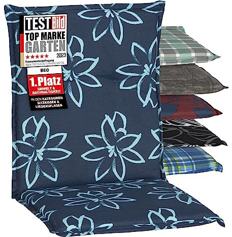 Beo Gartenstuhl-Auflagen Barcelona Niedriglehner 100 x 50 cm | Waschbare, UV-beständige Sitz-Kissen | Atmungsaktive Polster-Auflagen nach Öko-Tex Standard | Blaues Blumenmuster | Made in EU