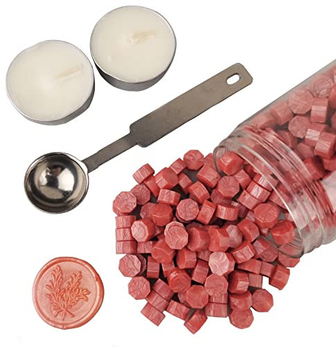 Siegelwachsperlen, AMTOL 300 Stück Wachssiegelperlen mit 2 Stück weißen Kerzen und 1 Stück Wachsschmelzlöffel, ideal für Hochzeitseinladungen, Kartenumschläge, Geschenkverpackungen(Orange Rot)