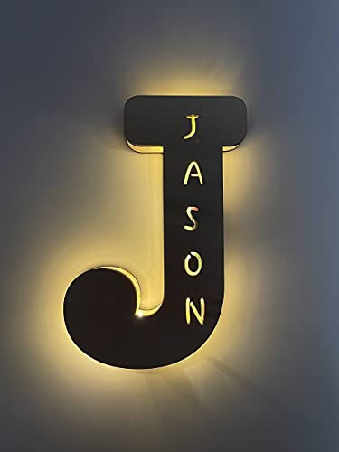 DRYSSON Letra de madera nombre noche noche luz placa nombre bebé niños habitación regalo para nacimiento [clase energética A++] (letra: J)