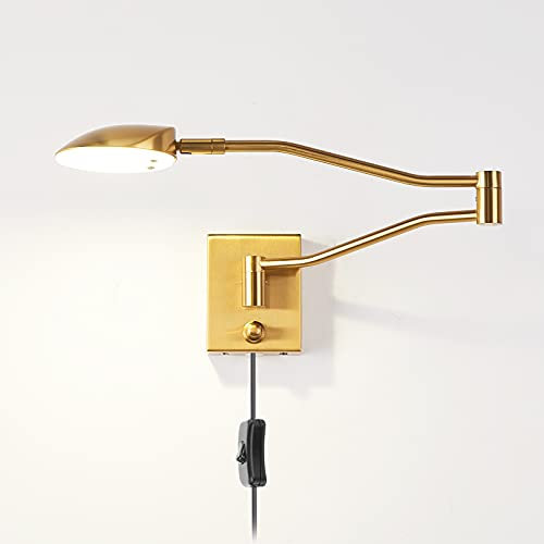 LED Wandleuchte Verstellbarer Lange Arm mit Schalter und Kabel, 9.5W Dimmbar Nachttischlampe Modern Wandlampe mit Stecker, Metall Wand Leselampe für Schlafzimmer Wohnzimmer Study, 4000K Warmweiß,Gold