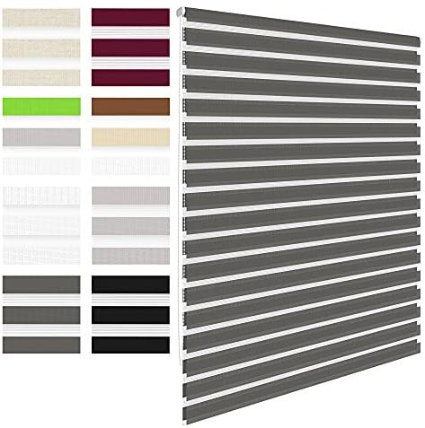 ECD Germany Tenda a Rullo Doppia Oscurante - 45x150 cm - Grigio Scuro - Klemmfix - Duo Rollo - Senza Fori - Protezione Sole Giorno Notte Persiana Avvolgibile Righe Orizzontali con Materiale Montaggio