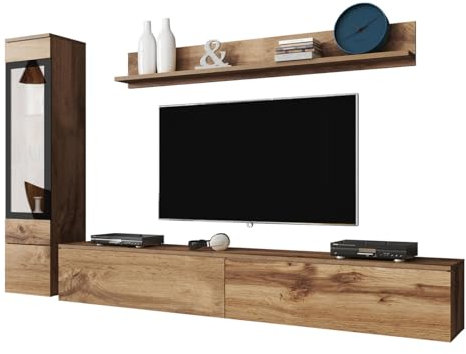 Mirjan24 Wohnwand Doppo I, Schrankwand, griffloses Öffnen, Fernsehschrank, Anbauwand, Mediawand, Wandregal, TV-Lowboard, Hängevitrine (Wotan/Wotan, ohne LED Beleuchtung)