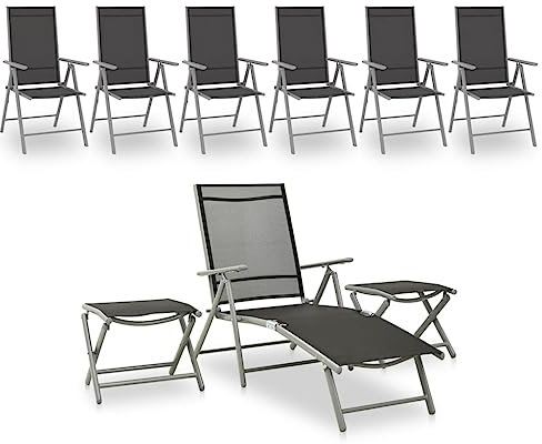 vidaXL Gartenmöbel 9-TLG. Sonnenliege Hocker Tisch Stuhl Lounge Gartenset Sitzgruppe Gartenstuhl Relaxliege Liegestuhl Gartenliege Schwarz Silbern