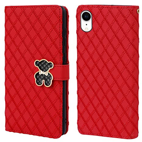 Tiyoo iPhone XR Phone Case with Card Holder, 3D Metal Bear Magnetic Closure, Embroidered Red Wallet Case for Girls(iPhone XR)