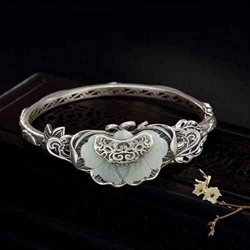 Natürliche S925 Sterling Silber und Tian Jade Armband Frauen Retro Tun Altes Wunschgeschenk (Metal Color : Silver Jade Bracelet)