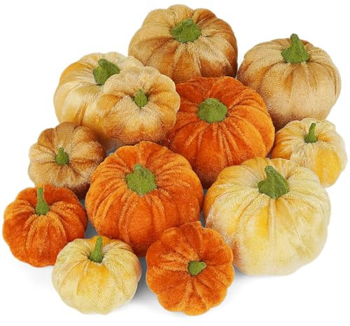 Ywlake 12 Pcs Autumn Artificial Pumpkins Assorted Sizes Fake Velet Pumpkins Orange Brown Beige Foam Pumpkins for Fall Harvest Thanksgiving Halloween Party Holiday Decor Decoration