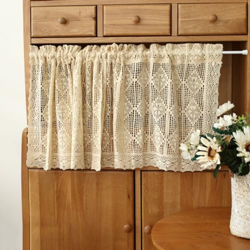 Lsimeru Boho Bistrogardine Landhausstil Vintage Diamant Häkel Scheibengardine Häkeloptik Kurz Küch Gewebt Kurzstores Kurzgardinen Küchenvorhänge Fenstergardinen 1 Stück,150x45cm