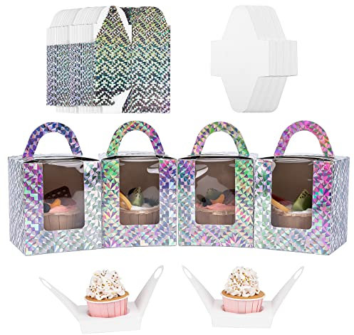 Roponan 30 Pieces Single Cupcake Boxes, Paper Bakery Boxes, Individual Cupcake Carriers with Clear Display Window, Handle and Insert (Shiny Silver)