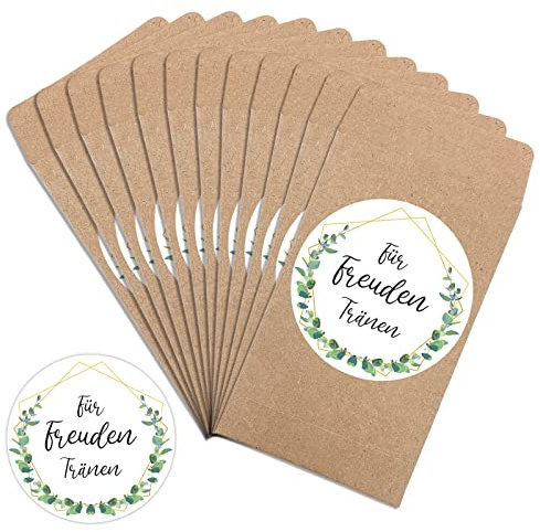 50 Freudentränen Hochzeit Aufkleber & Braune Papiertüten, Verpackung für die Freudentränen Taschentücher Hochzeit, Vintage Deko Hochzeit