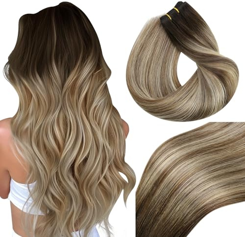 Vivien Braun Echthaar Tressen zum Einnähen Ombre 60cm Remy Weft Extensions Echthaar Braun bis Hellblond Balayage für Frauen Lang 100g #3/8/24