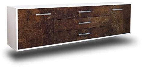 Lqliving TV-Board Lowboard Ariella, Wandmontiert, Korpus in Weiss matt, Front im antik rostigen Industrie-Design (180x49x35cm), mit Metall Griffen, Made in Germany