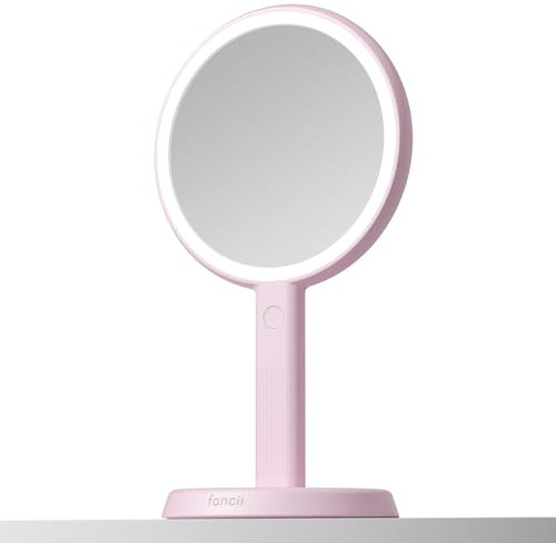 Fancii Cami Reise-Make-up-Spiegel mit Lichtern, wiederaufladbar, extra groß, doppelseitig, 5-fach/1-fache Vergrößerung, 3-farbige Beleuchtung, Hand- oder Schminktisch (Erdbeercreme)