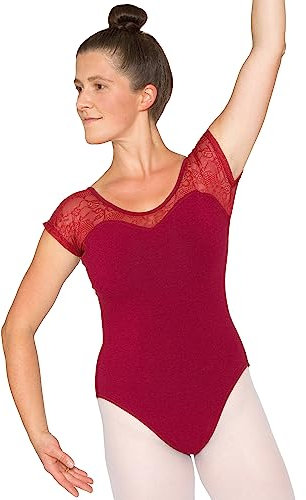 tanzmuster Ballett Trikot Damen Kurzarm - Natalie - Baumwolle - BH-Pad-Einschub - Ärmel aus Spitze geblümt - burgunder 38 - roter Tanz Body - Ballettkleidung für Erwachsene