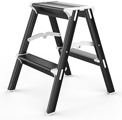 Zhiwei Step Ladder 2 Step, Folding Aluminium Double-Sided Step Stool, Max Load 330lbs, Portable With Non-Slip Steps, Lightweight and Sturdy, Black (3-JYXTZ2094-BK2)