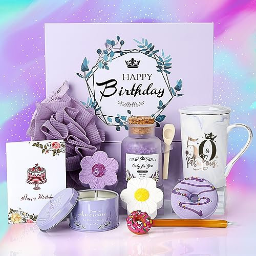 Sovyime 50. Geburtstag Frauen Geburtstagsgeschenk für, 15oz Kaffeetassen Tassen Duftkerze Badebomben Geschenkeset, Mutter Frau Schwester Beste Freundin 50th Geburtstags