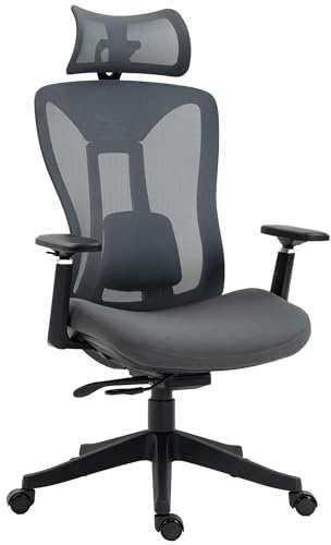 Vinsetto Bürostuhl, Ergonomischer Schreibtischstuhl, Computerstuhl mit Liegefunktion, PC Stuhl mit Verstellbarem Kopfkissen, Drehstuhl für Arbeitszimmer, Mesh, Grau