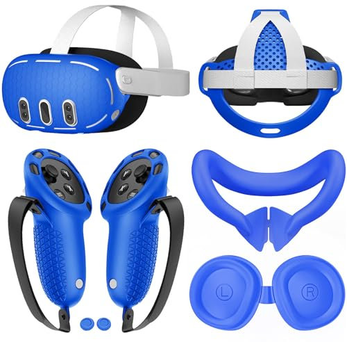 AMZLORD 6 In1 Custodia protettiva Set Cover Controller Grip Cover Face Cover Lens Protector Joystick Cover for Oculus/Meta Quest 3 (Blu scuro)
