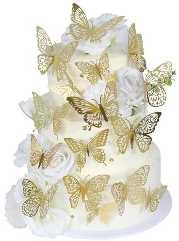Xsstarmi 42 Pack 3D Butterfly Cupcake Toppers Butterfly Birthday Cake Decorations Hollow Arts Butterfly Party Decorations for Baby Shower Birthday Wedding Anniversary Party Wall Decorations Gold