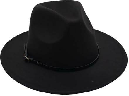 Fedora-Hut mit breiter Krempe, klassischer Filz, Fedora-Hut, verstellbar, Vintage, Fedora-Cap, Gürtelschnalle, Panama-Filz, Kirchenkappe, Schwarz , 6 7/8/7 1/8
