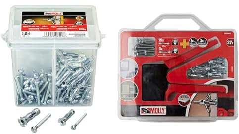 Molly M71020X-XJ Seau de 100 Chevilles, Gris & Kit de 20 Chevilles de Fixation - 10 Chevilles 4 x 33mm et 10 Chevilles 5 x 36mm + Pince de Pose, Gris, Set de 27 pièces M71925-XJ