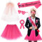Ulikey Männer JGA Kostüm Set, Junggesellenabschied Männer Kostüm, JGA Outfit Männer mit Rosa Röcke, Schärpe, Abzeichen, Brautschleier und Herzförmige Sonnenbrille, Männer Hochzeit Deko
