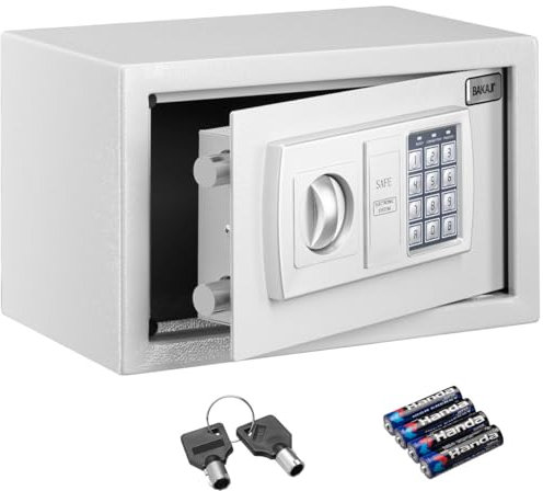 BAKAJI Digitaler Sicherheitssafe aus Stahl mit Doppelschloss, bruchsicherer Kasten, hellgrau, LED-Beleuchtung innen, Wandmontage, 31 x 20 x 20 cm