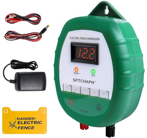 Sptchapn 12V Electric Fence Energiser Powered by AC- Multi-Powered, 2 Joules High-Power Output Energizer with LED Display,10Km Range, Weatherproof , Repels for Horses, Pet and Other Animals