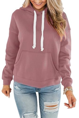 Timuspo Damen Hoodie Baumwolle Kapuzenpullover Lange Ärmel Rosa Pullover mit Kapuze Einfarbig Herbst Winter Hoody Casual Sweatshirt Kapuzenpulli S