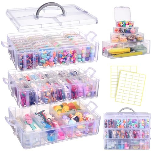 Funtopia Craft Organiser 59 Pack, 3-Tier Stackable Container Box with Lids and 56 Pcs Small Plastic Storage Box, Mini Clear Bead Storage for Jewelry, Toys, Arts, Crafts, Bead, Small Parts