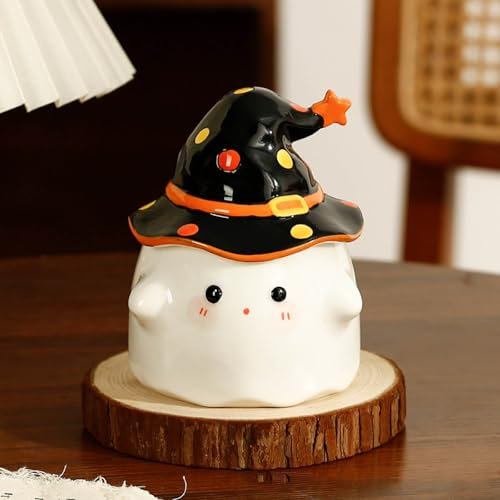 Geist Tasse, Halloween Tasse Mit Deckel Geister Keramik Halloween Mug Cute Ghost Mug Gespenster Tasse Geistertasse Halloween Gläser Kaffeetasse, Ideal Halloween Geschenk für Ihre Liebsten (A-1)