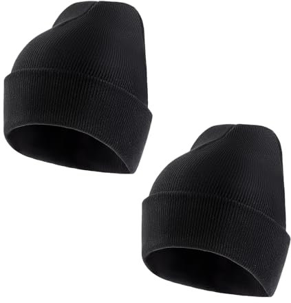 Cretosou 2 Stücks Winter Mütze Beanie Herren Strickmütze, Unisex Klassisch Beanie Strickmütze Mit Umschlag Beanie, Wollmütze Für Frauen Herren Liebhaber (DE/NL/SE/PL, Numerisch, 64, Schwarz)