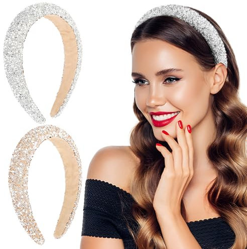 2pcs Bandeaux Cheveux Pailleté Serre-tête Large avec Strass Perle Brillant Argent Champagne Headband Paillette Éponge Accessoires de Coiffure Décoratif pour Femmes Filles Fête Noël Nouvel An Carnaval