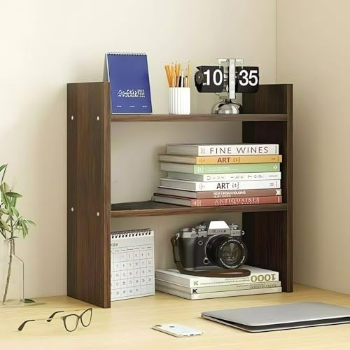 AUSHOPLAH Schreibtisch-Organizer-Regal, 2-stufiges Holz-Bücherregal, Minimalistisch, Büro-Schreibtisch-Aufbewahrungsregal, Regal C1 (Braun)