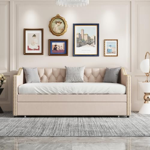 Schlafsofa 90/180 x 200 cm, Doppelbett, mit Lattenrost, ausziehbar, faltbar, Schlaffunktion, Schlafcouch, 2-in-1, aus modernem Samt, für Schlafzimmer und Wohnzimmer (beige)