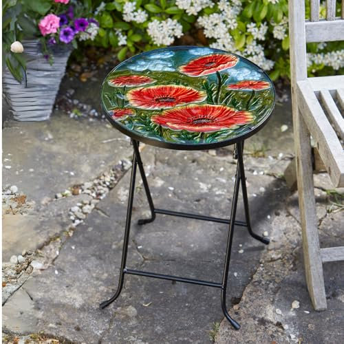 Marco Paul Poppy Petite table basse ronde pour décoration de jardin en extérieur – Table d'appoint pliante avec dessus en verre décoratif en forme de coquelicot – Table de jardin ronde pour terrasse