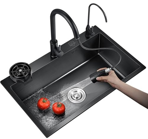 LKYLGYU Lavello da Cucina a Incasso in Acciaio Inox con Una Vasca, lavello da Lavoro Nero, lavello da Cucina con Rubinetto Combinato e lavatrice/nero/68 * 45 cm