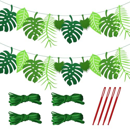 4 Sets Dschungel Palmen Deko Tropische Blätter Bunting Tropische Palmenblätter Banner Grün Felt Leaf Bunting für Dschungel Party Summer Theme Party Safari Deko Geburtstagsfeier